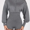 Moya Fine-Knit Long-Sleeve Romper in Grey