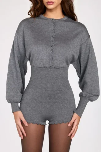 Moya Fine-Knit Long-Sleeve Romper in Grey
