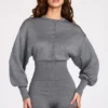Moya Fine-Knit Long-Sleeve Romper in Grey