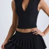 Nada Layered Pleated Low-Rise Mini Skirt in Black