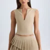 Nada Layered Pleated Low-Rise Mini Skirt in Camel