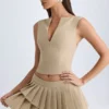 Nada Layered Pleated Low-Rise Mini Skirt in Camel