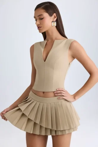 Nada Layered Pleated Low-Rise Mini Skirt in Camel