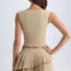Nada Layered Pleated Low-Rise Mini Skirt in Camel