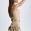 Nada Layered Pleated Low-Rise Mini Skirt in Camel