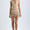 Nada Layered Pleated Low-Rise Mini Skirt in Camel