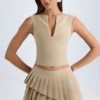 Nada Layered Pleated Low-Rise Mini Skirt in Camel
