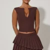 Nada Layered Pleated Low-Rise Mini Skirt in Chocolate Brown