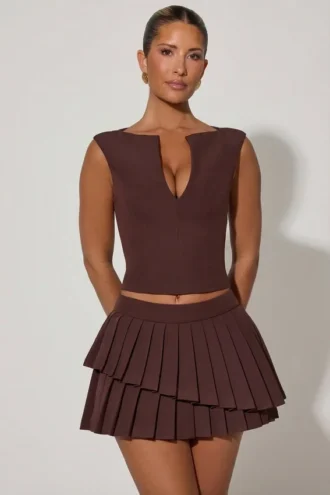 Nada Layered Pleated Low-Rise Mini Skirt in Chocolate Brown