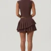 Nada Layered Pleated Low-Rise Mini Skirt in Chocolate Brown