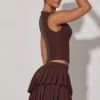 Nada Layered Pleated Low-Rise Mini Skirt in Chocolate Brown