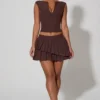 Nada Layered Pleated Low-Rise Mini Skirt in Chocolate Brown