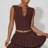 Nada Layered Pleated Low-Rise Mini Skirt in Chocolate Brown
