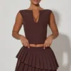 Nada Layered Pleated Low-Rise Mini Skirt in Chocolate Brown