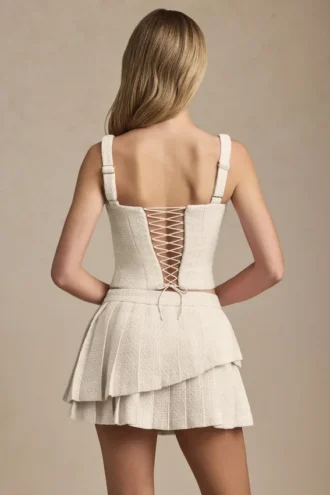 Nada Layered Pleated Low-Rise Mini Skirt in Ivory