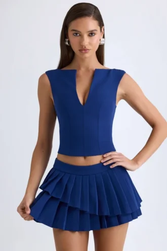 Nada Layered Pleated Low-Rise Mini Skirt in True Navy