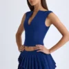 Nada Layered Pleated Low-Rise Mini Skirt in True Navy
