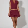 Nada Layered Pleated Low-Rise Mini Skirt in Wine Red