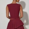 Nada Layered Pleated Low-Rise Mini Skirt in Wine Red