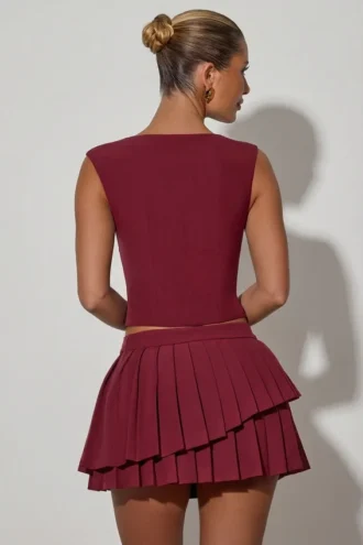 Nada Layered Pleated Low-Rise Mini Skirt in Wine Red