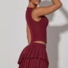 Nada Layered Pleated Low-Rise Mini Skirt in Wine Red