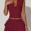 Nada Layered Pleated Low-Rise Mini Skirt in Wine Red