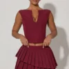 Nada Layered Pleated Low-Rise Mini Skirt in Wine Red