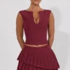 Nada Layered Pleated Low-Rise Mini Skirt in Wine Red