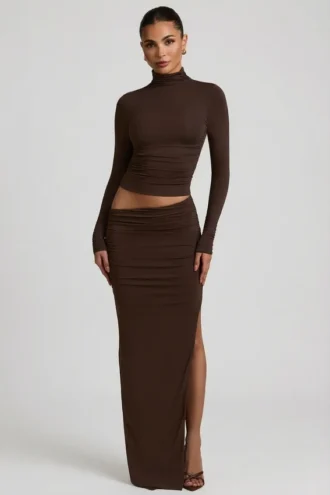 Nadina Modal Asymmetric-Waist Maxi Skirt in Chocolate Brown