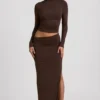 Nadina Modal Asymmetric-Waist Maxi Skirt in Chocolate Brown