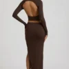 Nadina Modal Asymmetric-Waist Maxi Skirt in Chocolate Brown