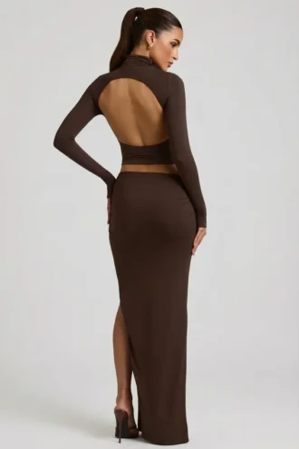 Nadina Modal Asymmetric-Waist Maxi Skirt in Chocolate Brown