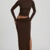 Nadina Modal Asymmetric-Waist Maxi Skirt in Chocolate Brown