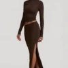 Nadina Modal Asymmetric-Waist Maxi Skirt in Chocolate Brown