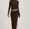 Nadina Modal Asymmetric-Waist Maxi Skirt in Chocolate Brown