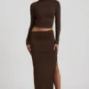 Nadina Modal Asymmetric-Waist Maxi Skirt in Chocolate Brown