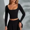 Nadiya Square-Neck Long-Sleeve Crop Top in Black