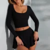 Nadiya Square-Neck Long-Sleeve Crop Top in Black
