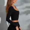 Nadiya Square-Neck Long-Sleeve Crop Top in Black