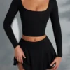 Nadiya Square-Neck Long-Sleeve Crop Top in Black