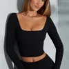 Nadiya Square-Neck Long-Sleeve Crop Top in Black