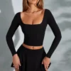 Nadiya Square-Neck Long-Sleeve Crop Top in Black