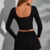 Nadiya Square-Neck Long-Sleeve Crop Top in Black