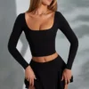 Nadiya Square-Neck Long-Sleeve Crop Top in Black