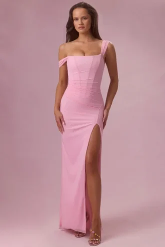 Naelle Mesh Draped Corset Gown in Candyfloss Pink