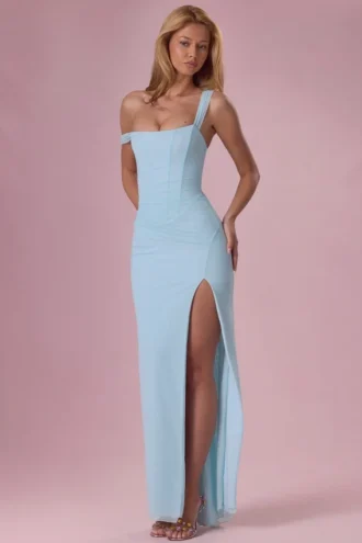 Naelle Mesh Draped Corset Gown in Light Aqua