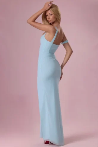 Naelle Mesh Draped Corset Gown in Light Aqua