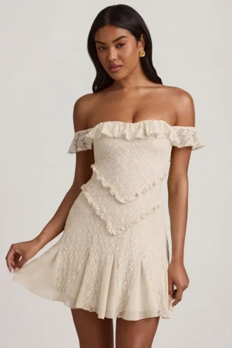Nahida Off-Shoulder Lace A-Line Mini Dress in Ivory