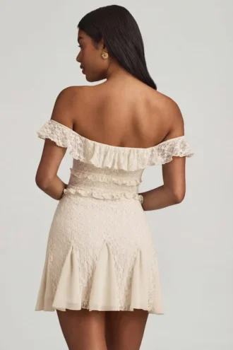 Nahida Off-Shoulder Lace A-Line Mini Dress in Ivory