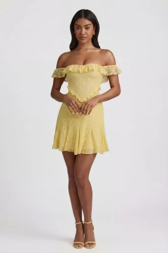 Nahida Off-Shoulder Lace A-Line Mini Dress in Pastel Yellow
